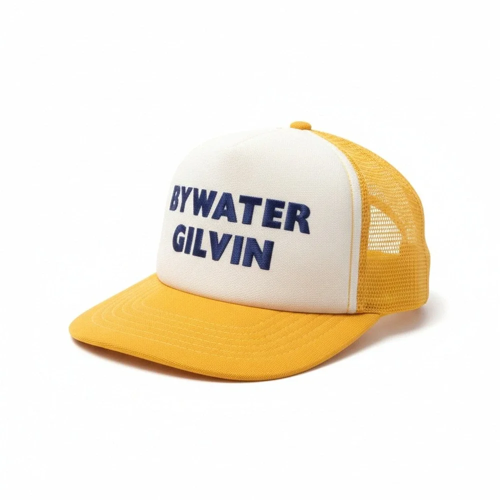 Vintage Bywater Gilvin Trucker Hat Mesh Snapback Cap Yellow White Union Made USA